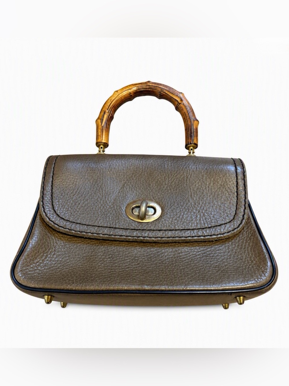 Vintage 60s Taupe Brown Leather Bamboo Handle Handbag Purse Gucci Style